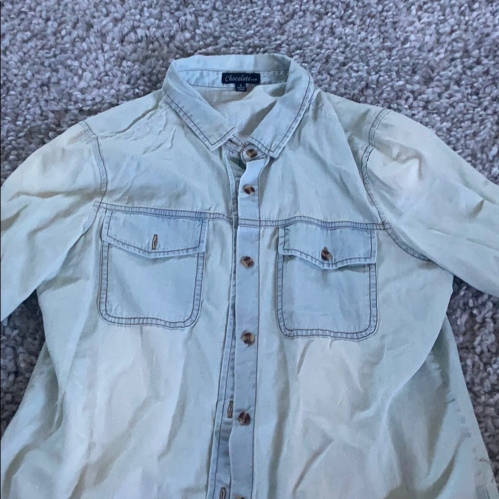 Light blue button up long sleeve with rose patch